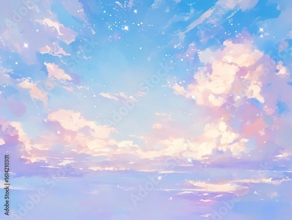 Obraz Dreamy Pastel Sky Watercolor Background with Ethereal Clouds in Pink, Blue and Purple, Abstract Minimalist Gradient