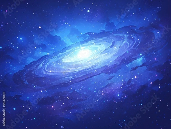 Fototapeta Fantasy Cosmic Vortex with Nebula Glow and Starlight Particles, Dark-to-Light Blue Gradient Space Background