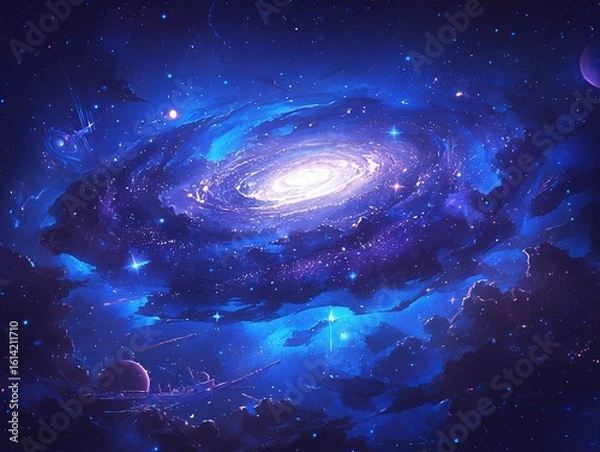 Fototapeta Fantasy Cosmic Vortex with Nebula Glow and Starlight Particles, Dark-to-Light Blue Gradient Space Background