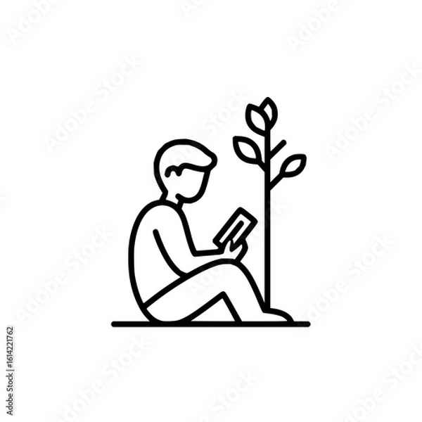 Obraz A person sitting reading next to a small tree with leaves in a minimalist outline style illustration