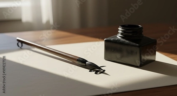 Fototapeta Elegant Stationery Composition: A classic calligraphy pen and ink bottle, resting gracefully on a pristine sheet of paper bathed in soft light, set against a backdrop of natural ambiance.