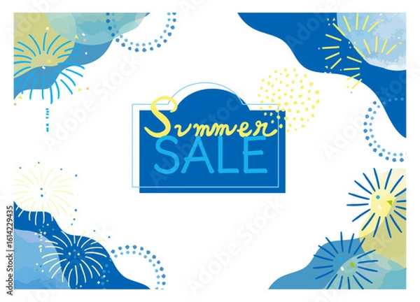 Obraz 夏の花火 セールやイベント用バナー　水彩で描いた手書きのイラストベクターフレーム素材