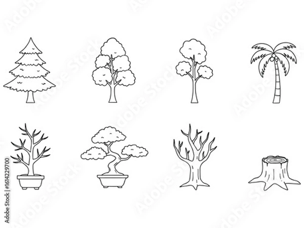 Fototapeta Collection of hand drawn tree illustrations and a tree stump