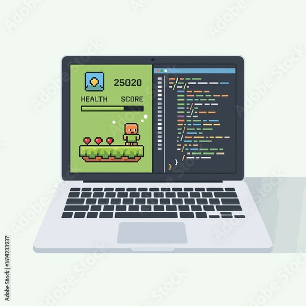 Obraz Laptop displaying code and a retro game interface on a white background.