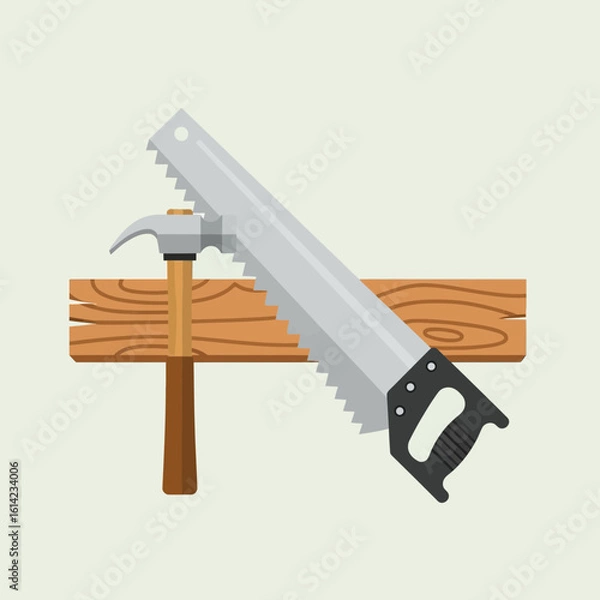 Obraz Hammer saw and wood plank on a light background representing carpentry tools.