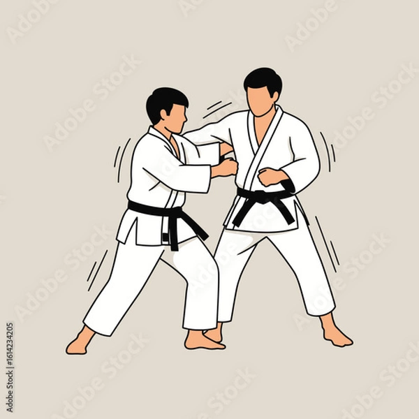 Obraz Two figures in white uniforms engaged in martial arts combat illustration.
