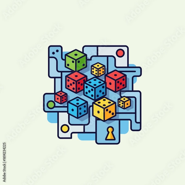 Obraz Colorful dice on a light blue geometric background with lines and circles.