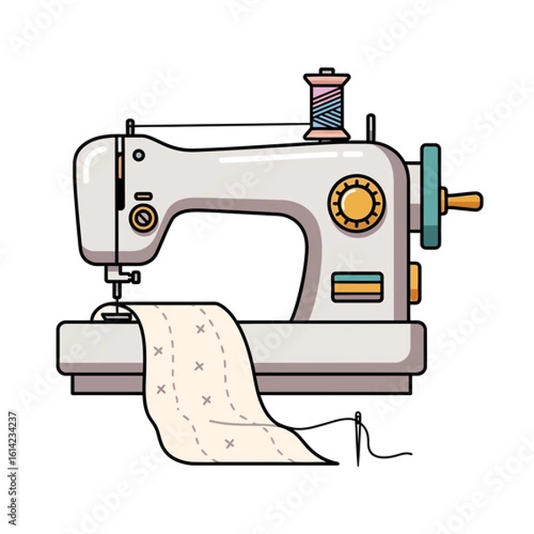 Obraz Sewing machine with fabric and thread spool illustration on a white background.