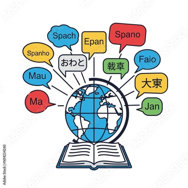Obraz Globe on book with speech bubbles containing words in different languages.