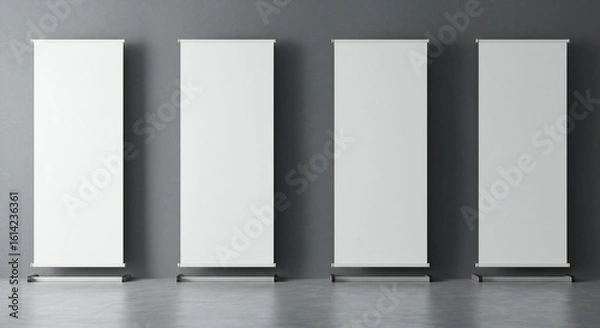 Obraz Four identical white roll-up banners with sleek bases against a muted gray wall, creating a minimalist and professional atmosphere.