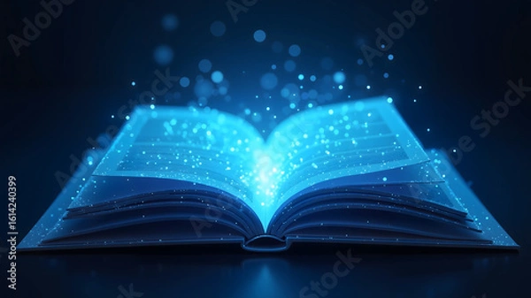 Fototapeta glowing blue open book. Low polygon, particle, and triangle style design.Wireframe light connection structure.
