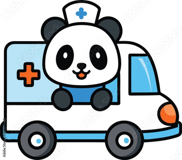Obraz Cute Panda Driving an Ambulance Helping Animals new 2025 trendy colourful fruit vector illustration
