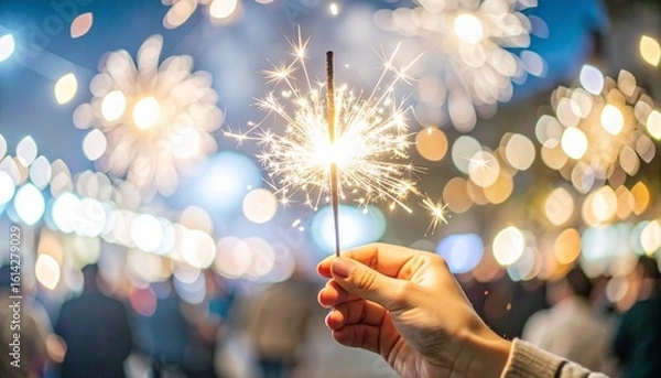 Obraz Hand Holding Sparkler with Colorful Fireworks Blurred in the Background at Night