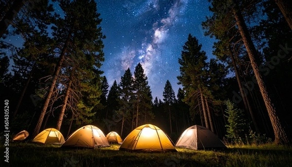 Fototapeta 森林に囲まれたキャンプ地の夜空