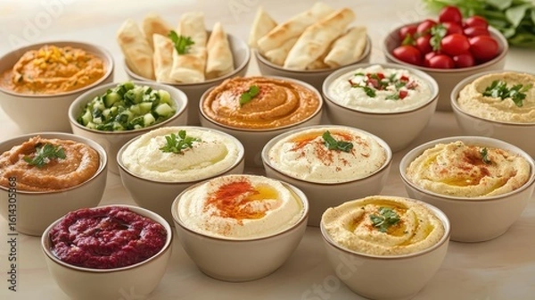 Fototapeta Delicious Assortment of Dips and Spreads on a Colorful Table