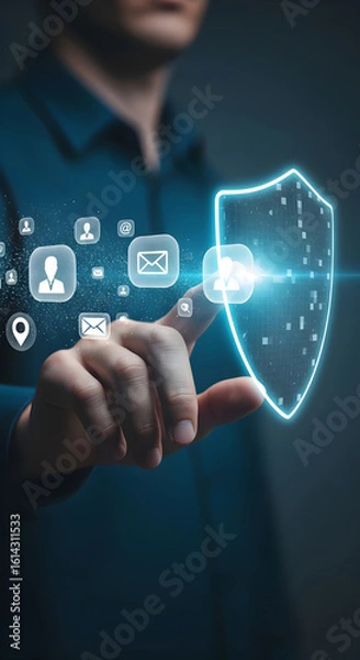 Obraz Cybersecurity and data privacy concept, a digital shield protecting a stream of personal user data icons from an unauthorized hand.