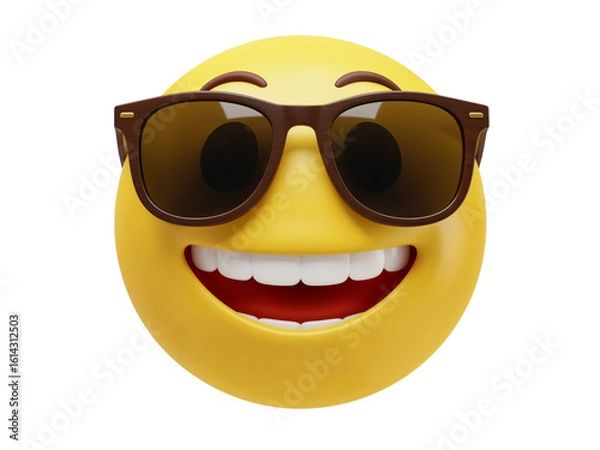 Fototapeta A cheerful yellow emoji face wearing stylish brown sunglasses with a wide open mouth and bright white teeth isolated on transparent background