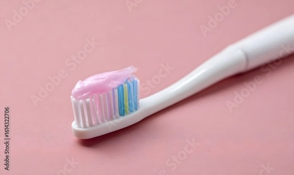 Fototapeta a toothbrush with paste on bristles, vivid simple background