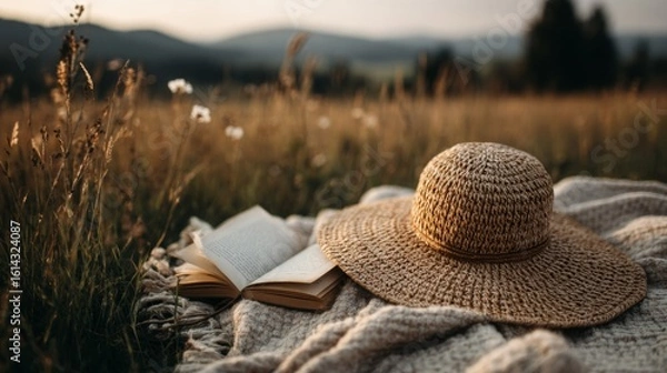 Fototapeta Straw Hat and Open Book on Blanket in Summer Field