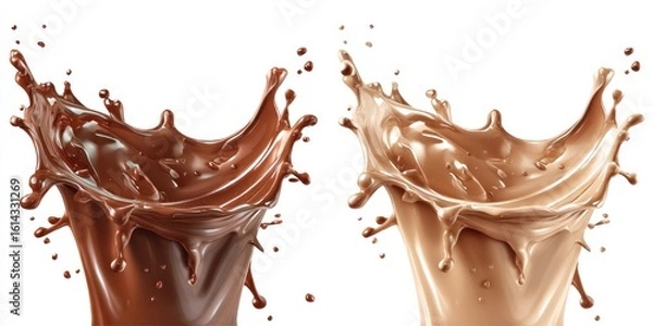 Fototapeta Two vibrant chocolate splashes, dark and light brown, against a stark white background, showcasing dynamic texture and fluidity