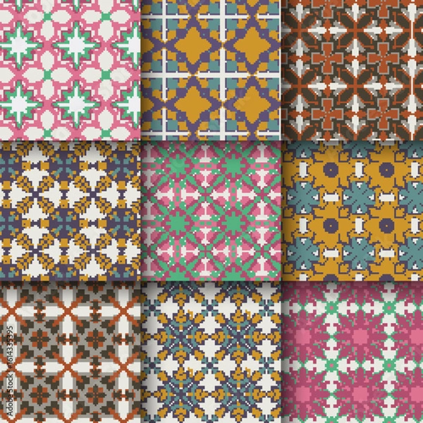 Fototapeta Set of Moroccan pattern set collection, Lisbon floral mosaic, Mediterranean seamless navy blue ornament. Geometric Abstract art arabesque mosaic, Moroccan Flower Vector Tile Seamless pattern.