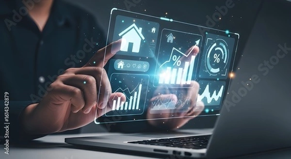 Fototapeta Person interacting with futuristic holographic financial data displays technology finance