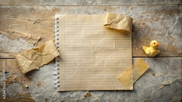 Fototapeta Rustic Notebook with Bird Figurine and Torn Paper Fragments on Weathered Wooden Surface