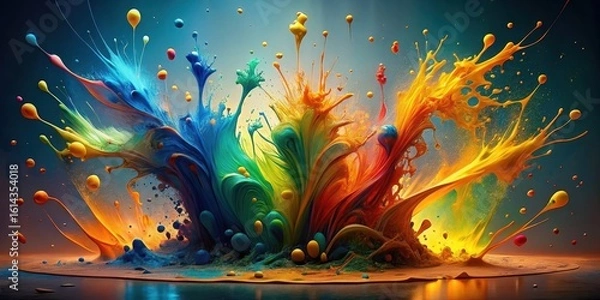 Fototapeta A vibrant explosion of multicolored paint creating a mesmerizing abstract landscape of swirling colors and dynamic shapes