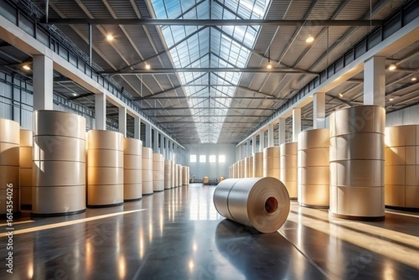 Fototapeta Industrial Warehouse Interior Rows of Large Material Rolls Stored in a Modern Facility with High Ceilings and Skylights