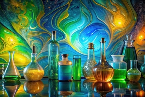 Fototapeta An Array of Colorful Glass Bottles and Vessels Arranged Against a Vibrant Swirling Abstract Background