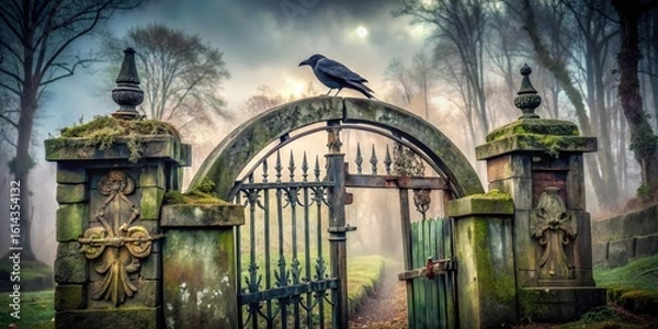Fototapeta A solitary raven perched atop an ancient, moss-covered archway gate, guarding a mysterious path through a misty woodland