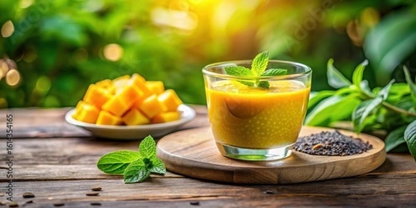 Fototapeta Refreshing Mango Smoothie with Chia Seeds and Mint Garnish on Rustic Wooden Table