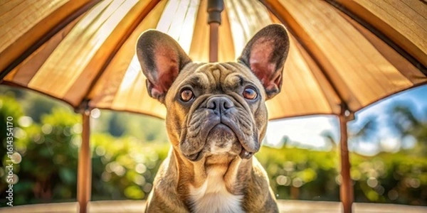 Fototapeta A charming fawn French Bulldog puppy sits patiently under a shade umbrella, basking in the warm sunlight of a summer's day, its expressive eyes gazing intently at the viewer.