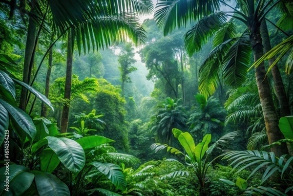 Fototapeta Lush Rainforest Canopy Verdant foliage, towering trees, and a mystical atmosphere create a captivating scene of untouched wilderness.