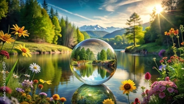 Fototapeta A Crystal Sphere Reflecting Serene Lakeside Nature with Vibrant Wildflowers in Bloom at Dawn