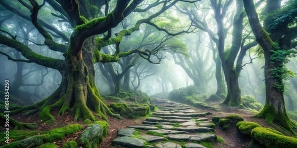 Fototapeta Enchanted Mossy Forest Path A Mystical Journey Through Ancient Trees and Verdant Landscape