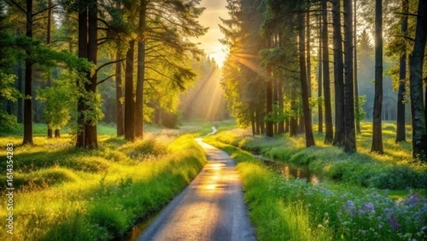Fototapeta Golden sun rays illuminate a tranquil path winding through a verdant forest, bordered by vibrant wildflowers and a gentle stream