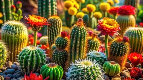 Fototapeta Vibrant Desert Bloom A captivating array of diverse cacti and succulents, showcasing a spectrum of textures and colors in a sun-drenched garden setting.