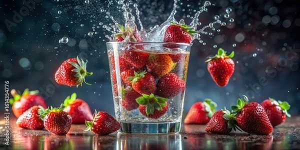 Fototapeta Refreshing Strawberries Splashing into a Glass of Sparkling Water, a Delightful Summer Beverage