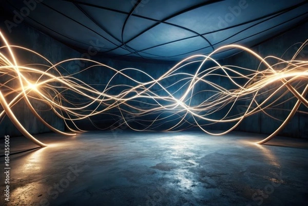 Fototapeta Abstract Glowing Lines in a Dark Room with Concrete Floor and Ceiling