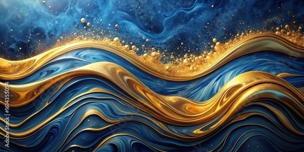 Fototapeta Abstract Golden Waves Flowing Over a Deep Blue Canvas with Scattered Golden Spheres