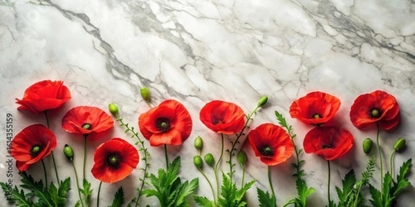 Fototapeta Vibrant Red Poppies Arranged on a Polished Marble Surface, a Stunning Floral Display of Nature's Beauty
