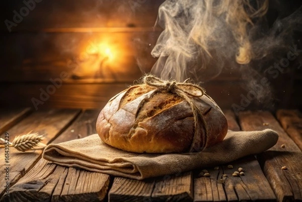 Fototapeta A freshly baked artisan loaf of bread, still steaming, rests on rustic wooden planks, tied with twine, exuding warmth and the aroma of freshly baked goods.