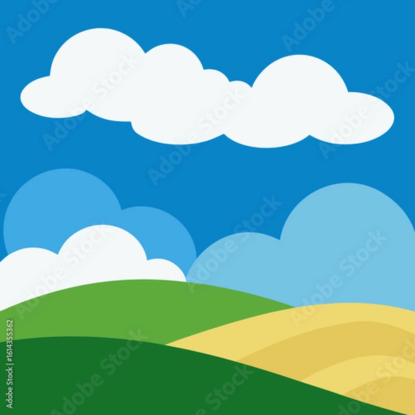 Fototapeta Stylized rolling hills under a blue sky with clouds