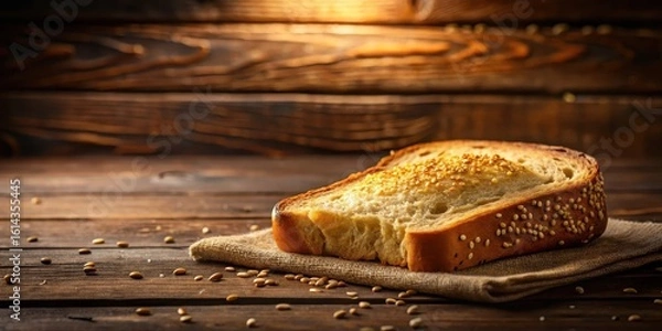 Fototapeta A slice of crusty bread with sesame seeds, resting on a rustic burlap napkin, atop a dark wooden surface.