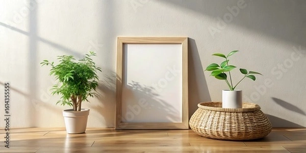 Fototapeta A minimalist interior scene featuring a blank frame, potted plants, and a woven basket on a light wood floor, bathed in sunlight, creating a serene and calming ambiance.