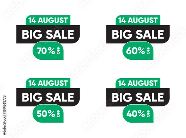 Obraz 14 August Pakistan Independence Day Big Sale Labels, Flat Design Discount Tags Offering 70%, 60%, 50%, and 40% Off in Green and Black