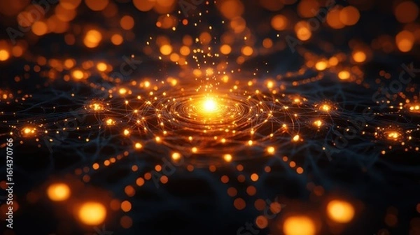 Fototapeta Golden light nodes connect on dark lines, network data transfer. Use it for tech, future, abstract, innovation, or connection concepts.