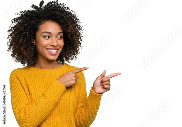 Obraz Smiling woman pointing to the side isolated on transparent background