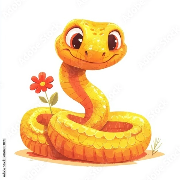 Obraz Cute cartoon yellow snake with a flower isolated on white background